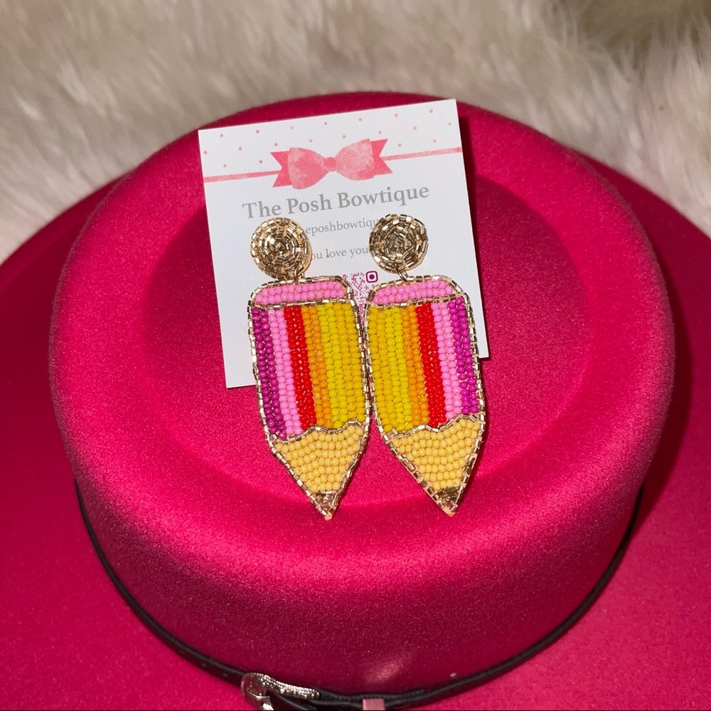 Pencil Bright Yellow & Pink Seed Beaded Teacher Statement Earrings - Picture 6 of 8